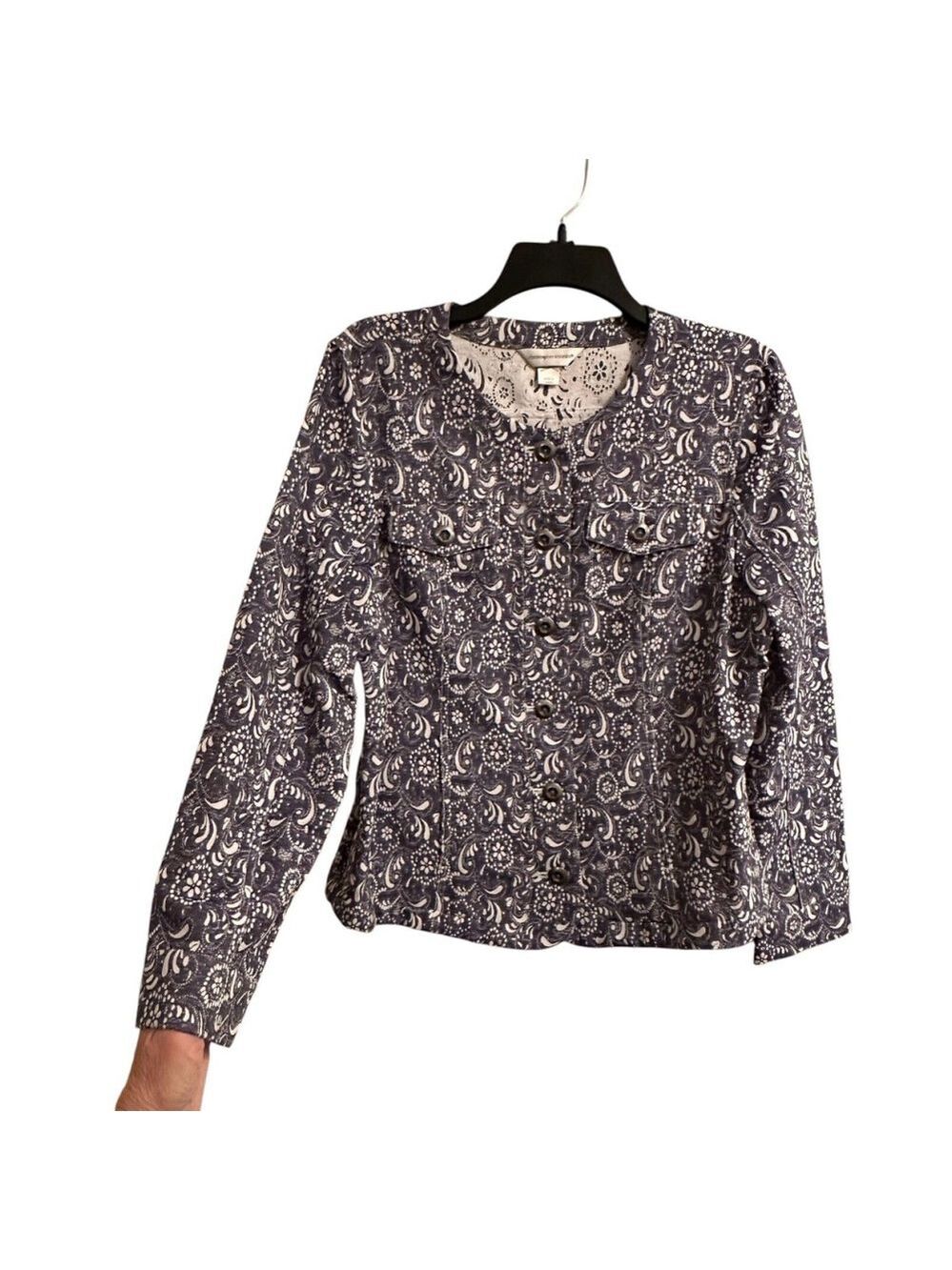Christopher Banks Floral Jacket Womens Large Blue White Long Sleeves 6-Pockets